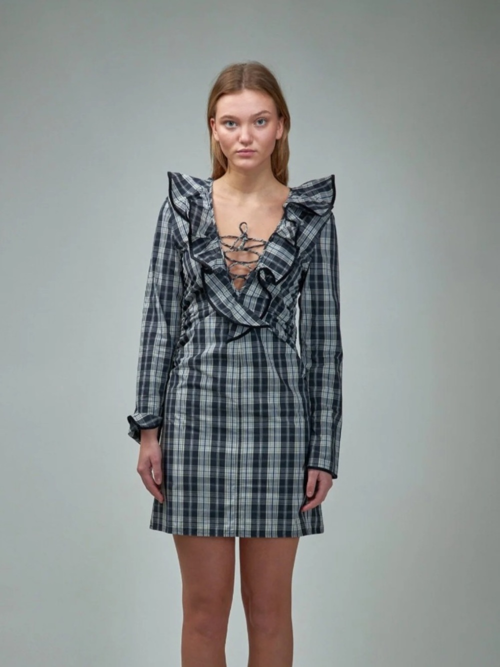 NWT GANNI Black Plaid Ruffle Lace Up Mini Dress Organic Cotton US4 DE36